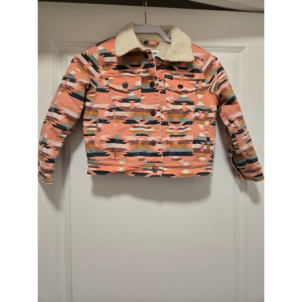 Wrangler Kids Southwestern Aztec Print Sherpa Lined Denim Jacket Coral S